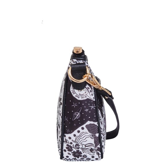 Printed Fabric Black East/West Hobo Crossbody Sling Bag Over the Shoulder Purse - Picture 6 of 8